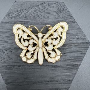Vintage JJ WHITE BUTTERFLY PIN Brooch Antique Gold Tone Enamel Open Signed